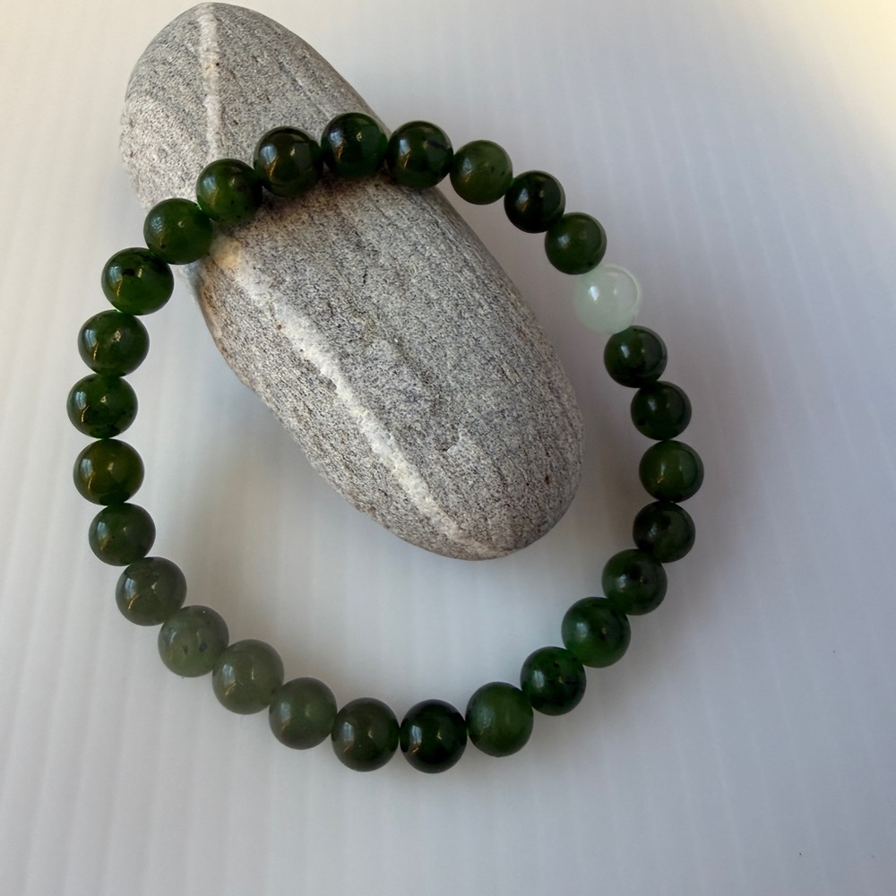 Natural Nephrite Green jade & white jade Beaded Bracelet 6mm 7mm stretchy mini